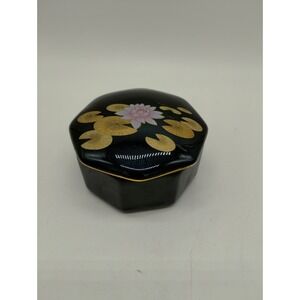 Vintage Ceramic Black Lotus Otagiri Trinket Box Octagon Shape W/Lid Asian Theme